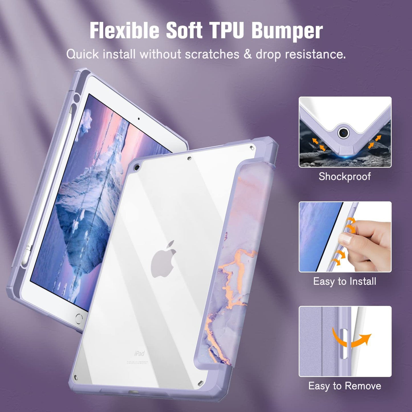 Marble Series iPad Case with Pencil Holder – Shockproof Clear Back Cover