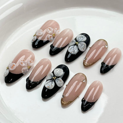 Black & Nude 3D Floral Press-On Nails