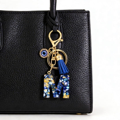 Custom Blue Evil Eye Initial Keychain – Personalized Resin Letter Bag Charm V Boutique Studio