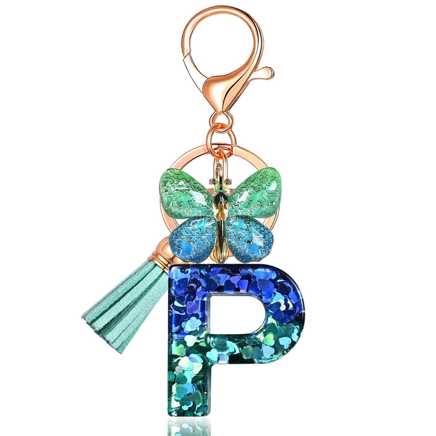 Blue-Green Resin Initial Keychain – Butterfly & Tassel Charm Gift