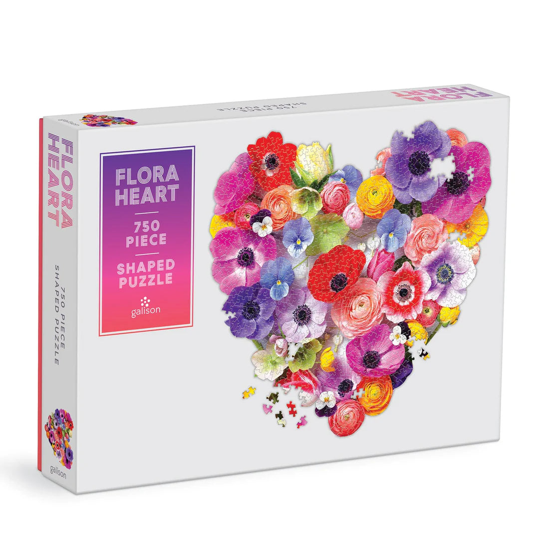 Flora Heart 750-piece shaped puzzle by Galison featuring a colorful heart-shaped arrangement of vibrant flowers on a white background.