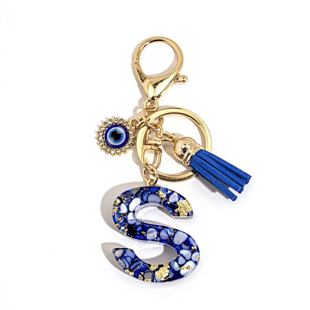 Custom Blue Evil Eye Initial Keychain – Personalized Resin Letter Bag Charm V Boutique Studio