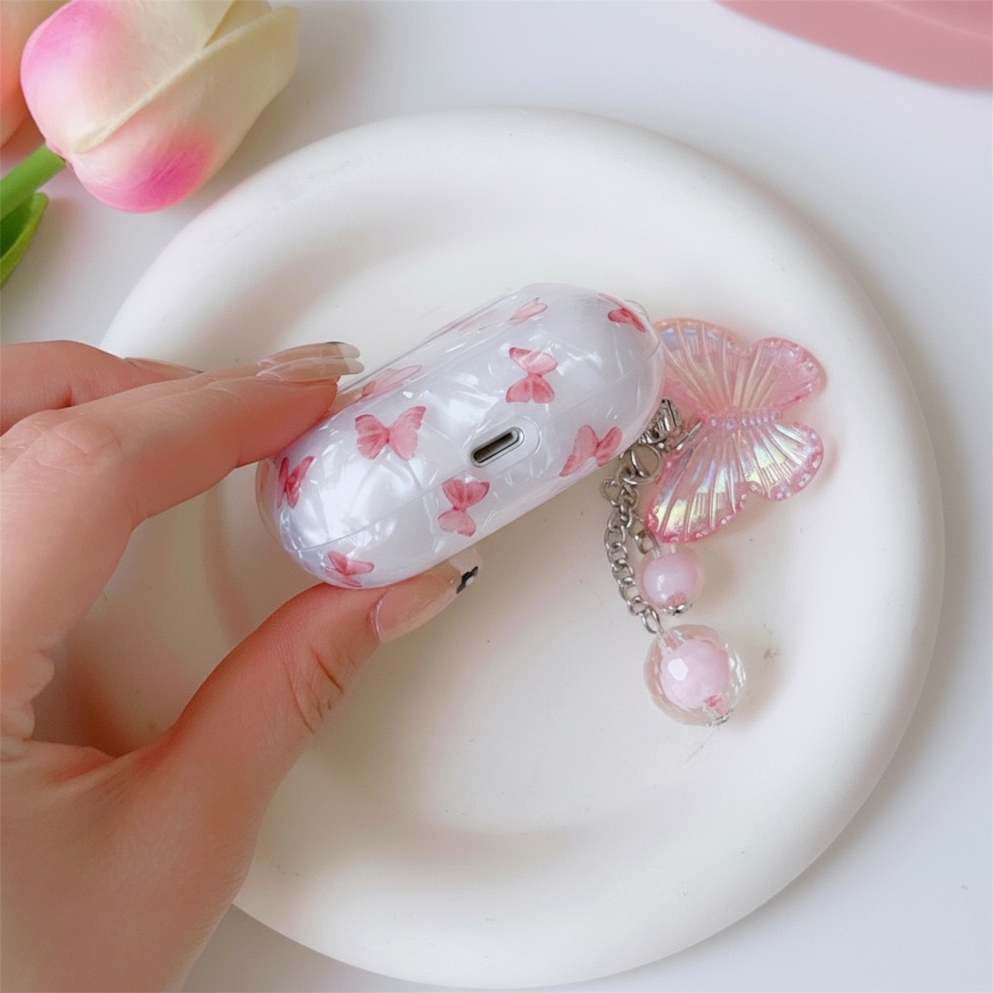 Pink Butterfly AirPods Case with Charm – Shell Pattern Cover