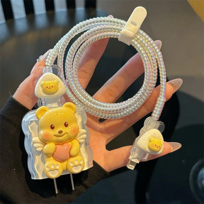 3D Cute Bear Charging Cable Cover Set – Cartoon Plug & Cord Protector