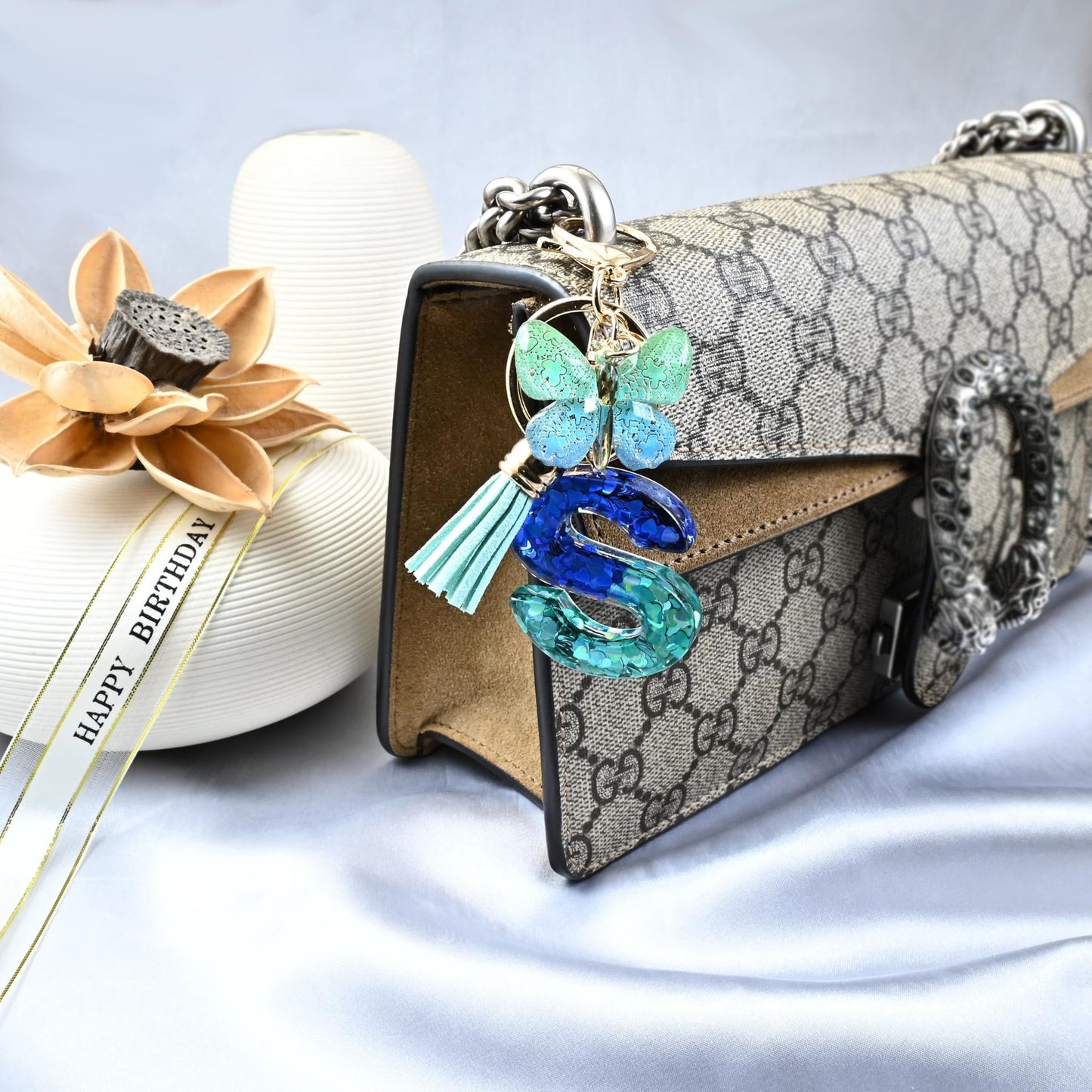 Blue-Green Resin Initial Keychain – Butterfly & Tassel Charm Gift