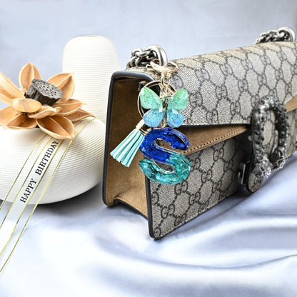 Blue-Green Resin Initial Keychain – Butterfly & Tassel Charm Gift