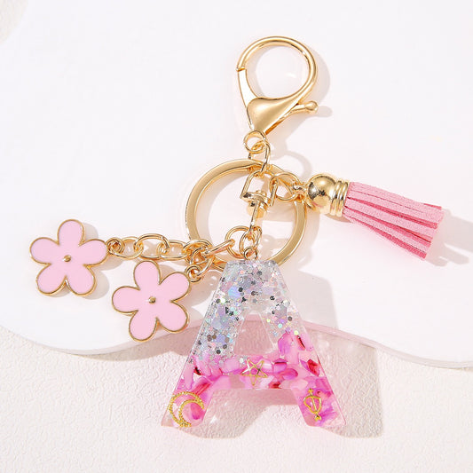 Glitter Resin Letter Keychain – Pink Flower & Tassel Charm