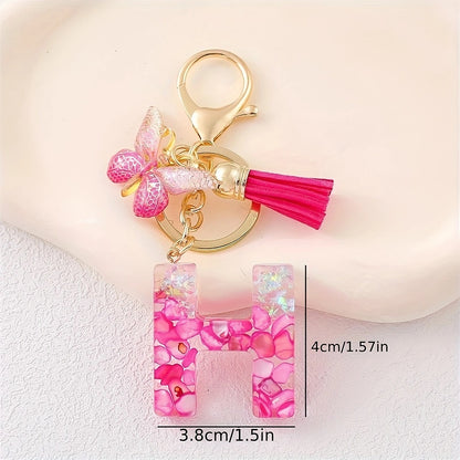 Hot Pink Glitter Resin Initial Keychain – Butterfly & Tassel Bag Charm
