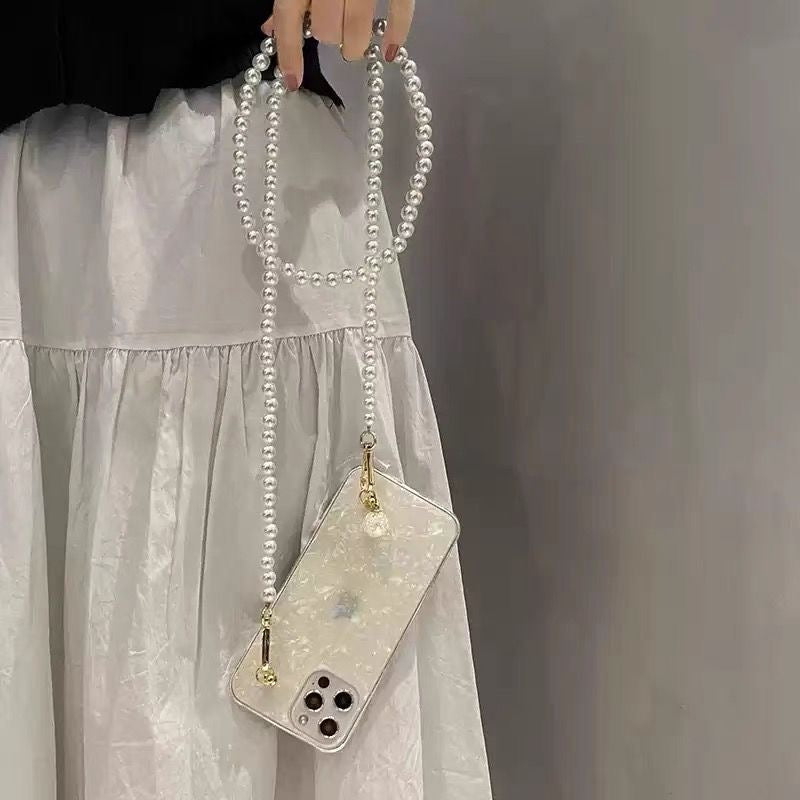 Glamorous Shell Phone Case with Pearl Crossbody Lanyard