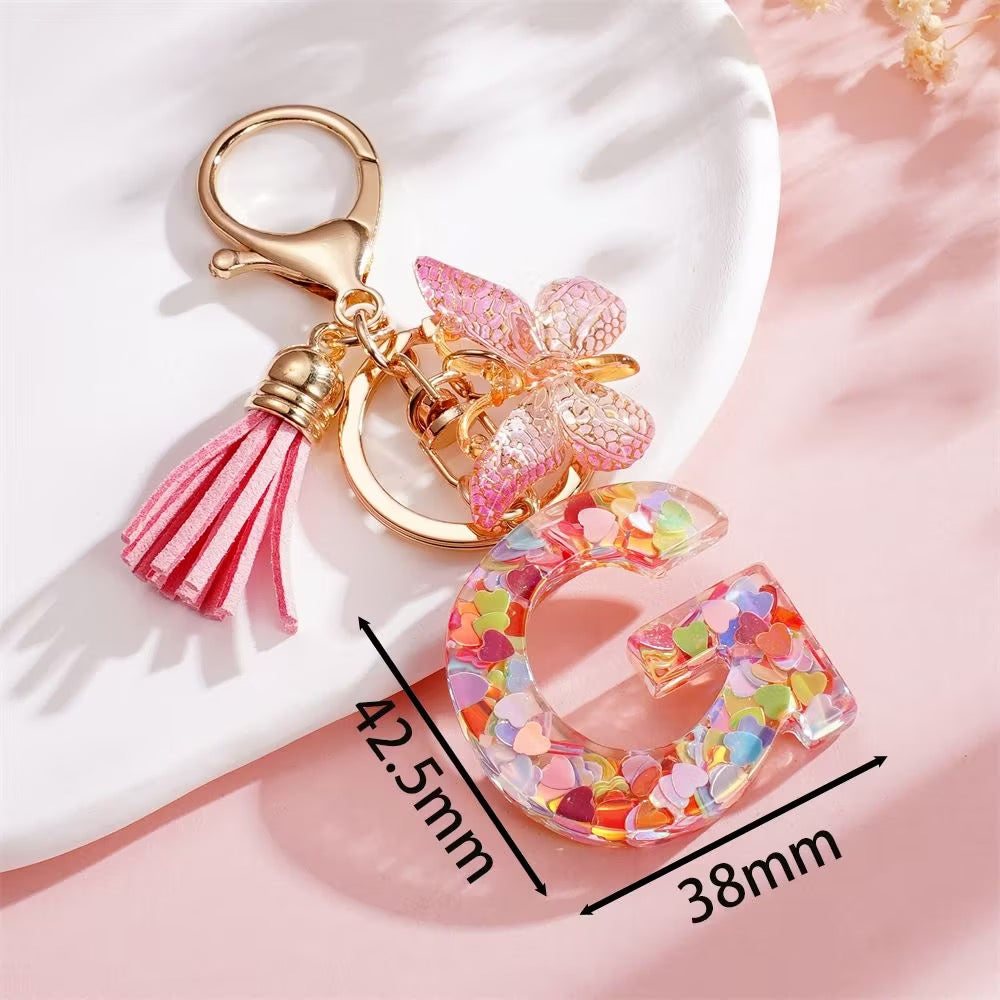 Custom Pink Glitter Initial Keychain with Butterfly & Heart Charm V Boutique Studio