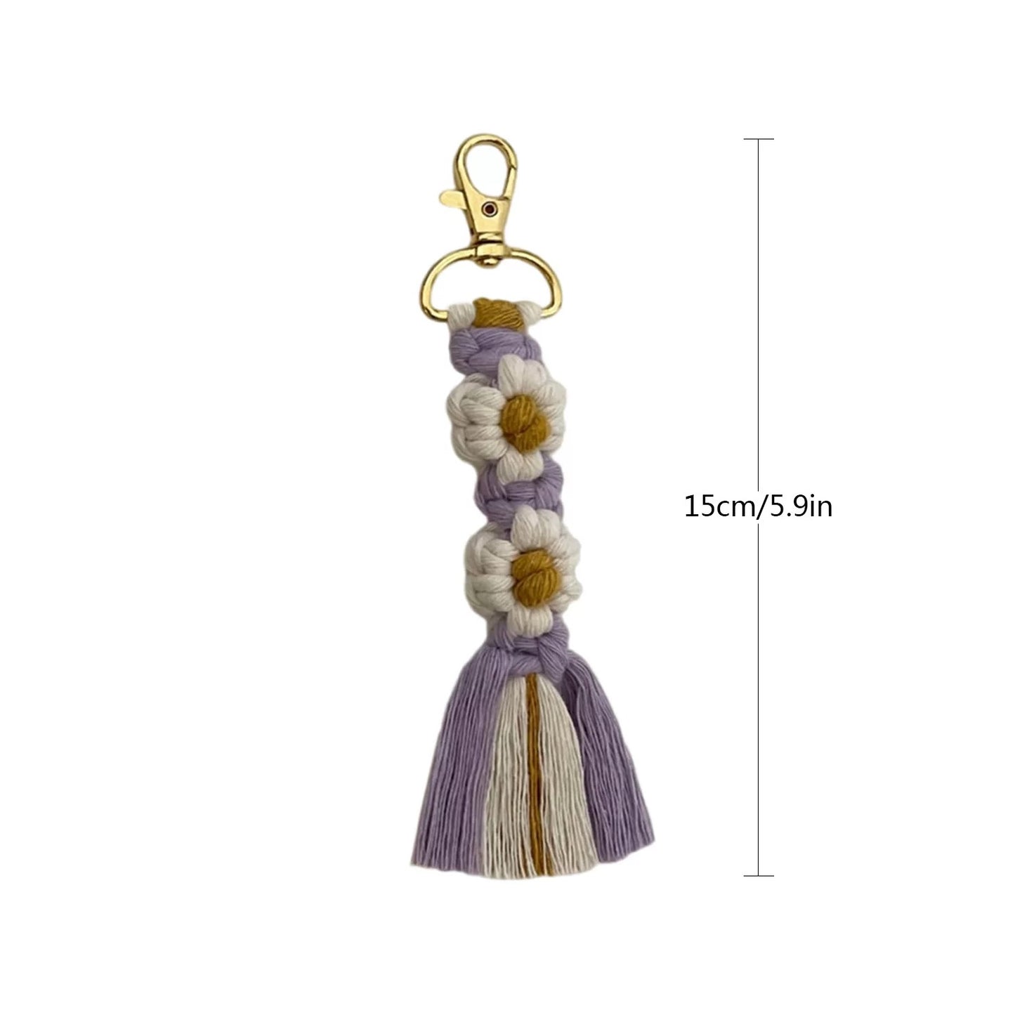 Boho Daisy Macrame Keychain – Handmade Cotton Tassel Bag Charm