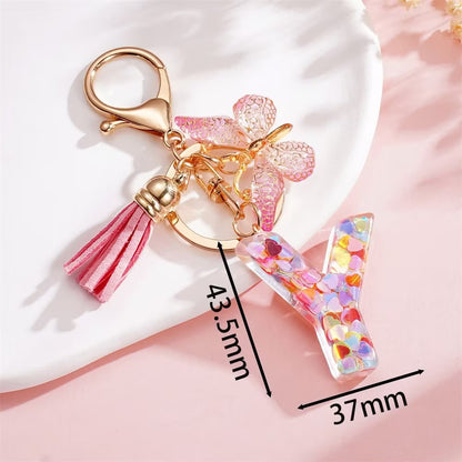 Custom Pink Glitter Initial Keychain with Butterfly & Heart Charm V Boutique Studio