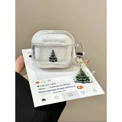 Snowy Pine Tree Clear AirPods Case with Tree Charm – Glitter Protective Cover