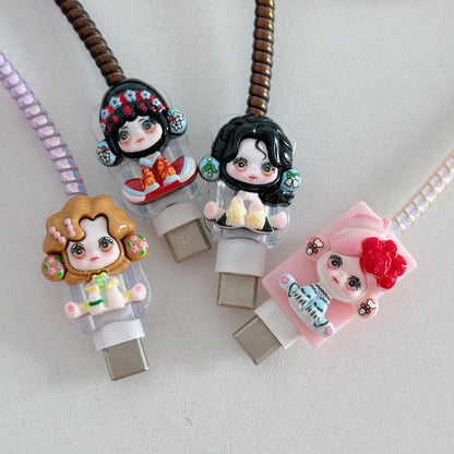 Cute Cartoon Girl Charging Cable Protector Set – 3D Plug, Cord & Case Covers