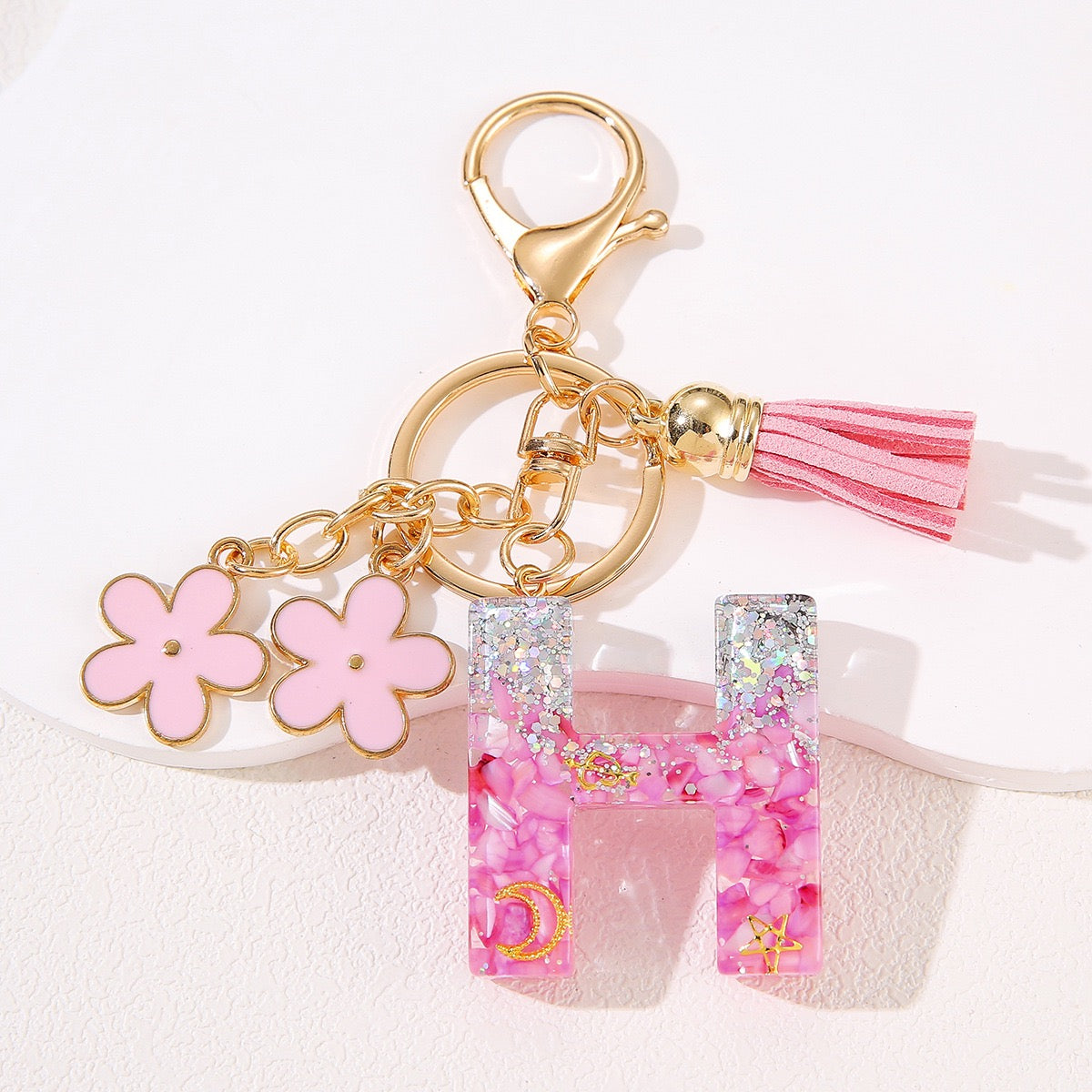 Glitter Resin Letter Keychain – Pink Flower & Tassel Charm
