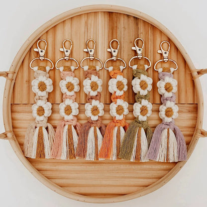 Handmade boho daisy macrame keychains with cotton tassels and flower design – perfect for bags or gifts