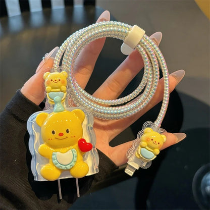 3D Cute Bear Charging Cable Cover Set – Cartoon Plug & Cord Protector