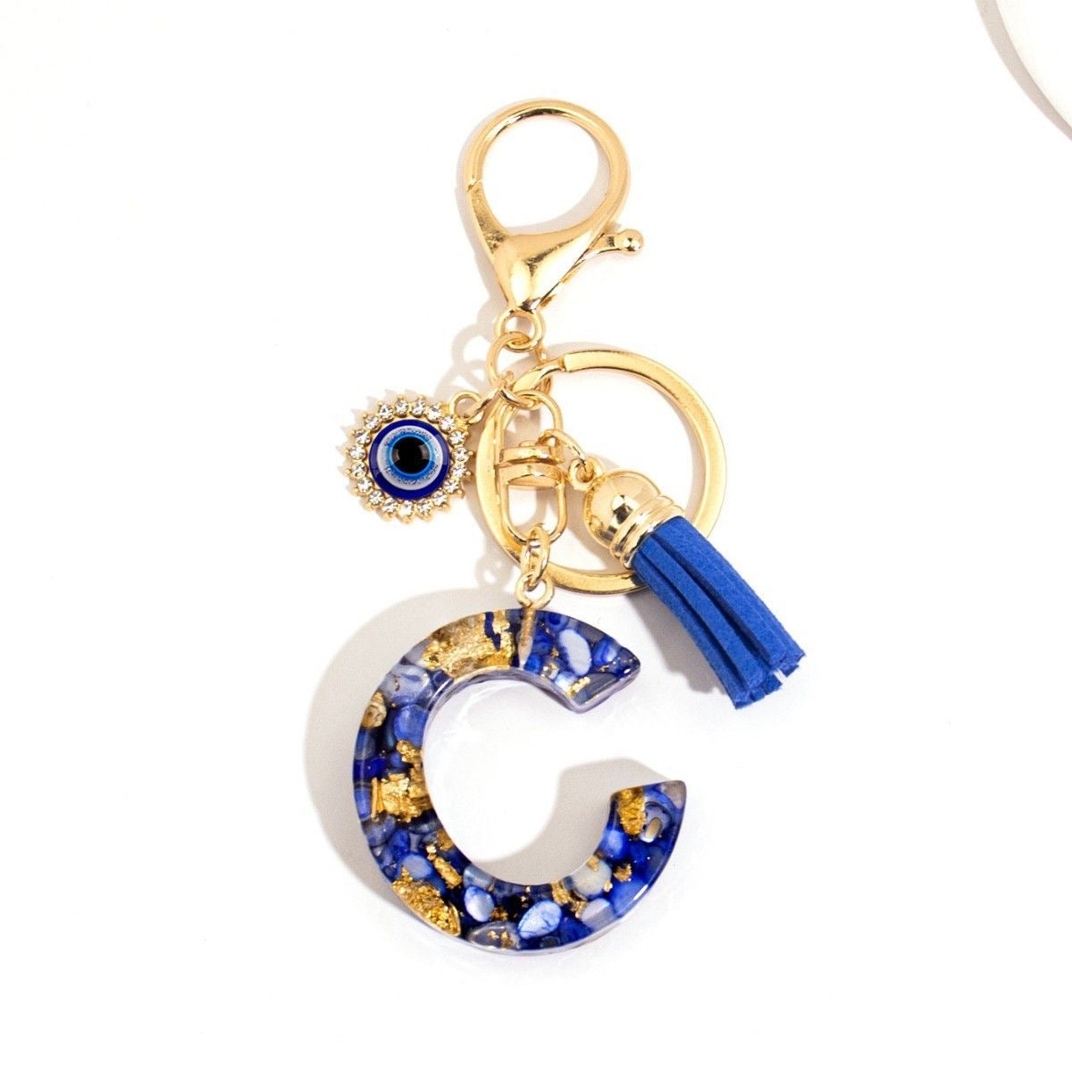 Custom Blue Evil Eye Initial Keychain – Personalized Resin Letter Bag Charm V Boutique Studio
