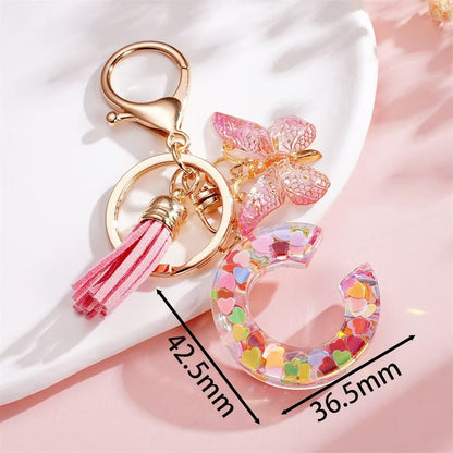 Custom Pink Glitter Initial Keychain with Butterfly & Heart Charm V Boutique Studio