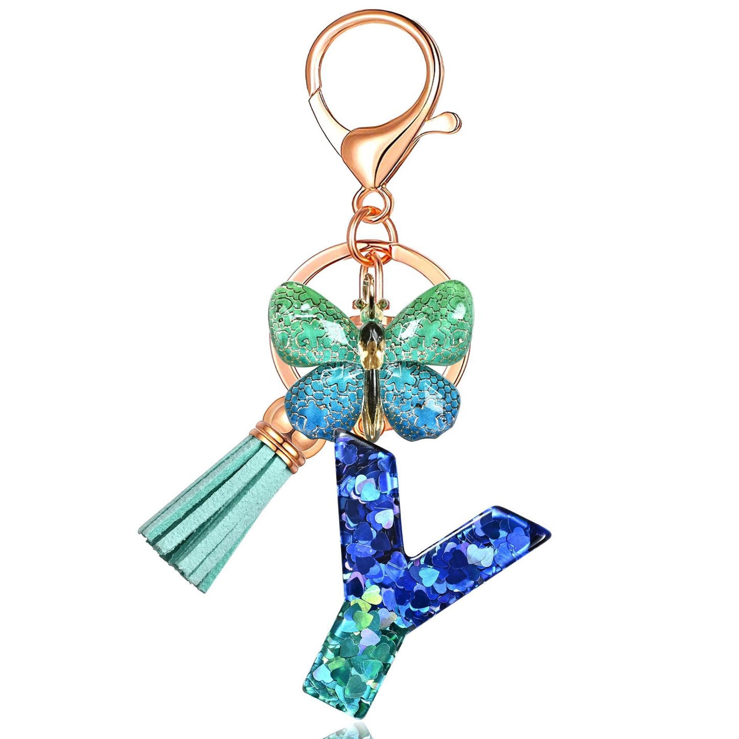 Blue-Green Resin Initial Keychain – Butterfly & Tassel Charm Gift