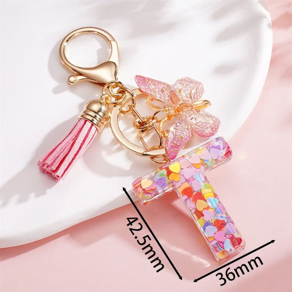 Custom Pink Glitter Initial Keychain with Butterfly & Heart Charm V Boutique Studio