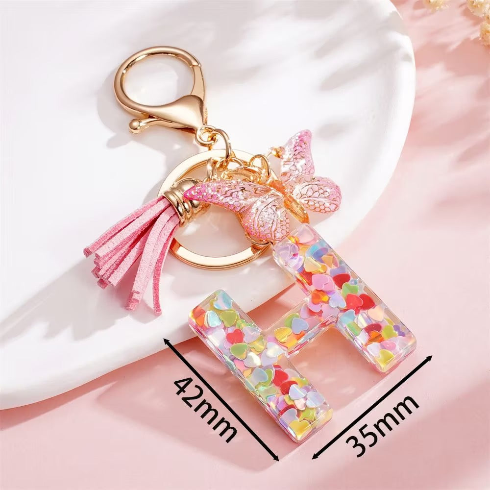 Custom Pink Glitter Initial Keychain with Butterfly & Heart Charm V Boutique Studio