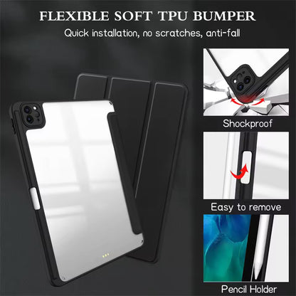 Clear Back iPad Case with Pencil Holder – Shockproof Tri-Fold Stand Cover
