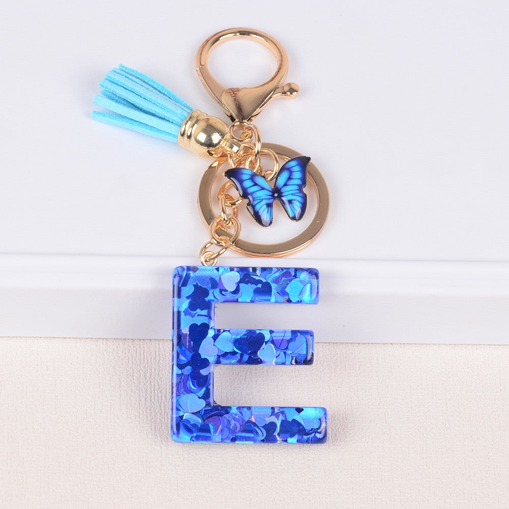 Blue Initial Letter Keychain with Butterfly & Tassel V Boutique Studio