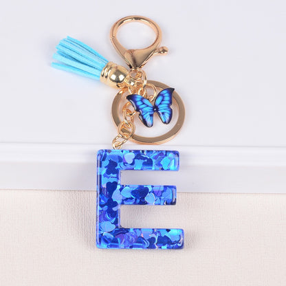 Blue Initial Letter Keychain with Butterfly & Tassel V Boutique Studio