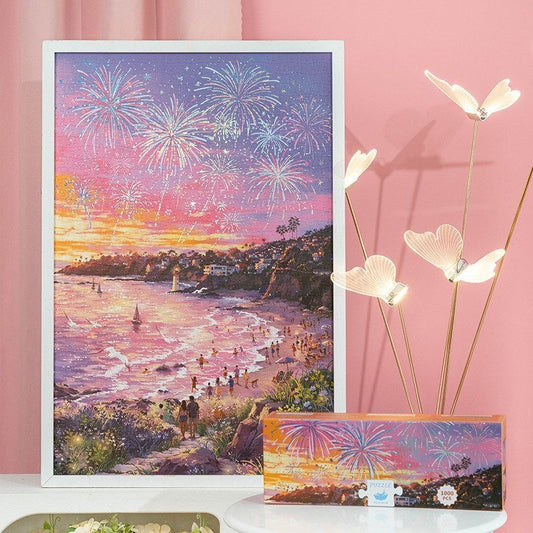 Fireworks over the Pink Sea 1000 Piece Gold Foil Jigsaw Puzzle Momibook