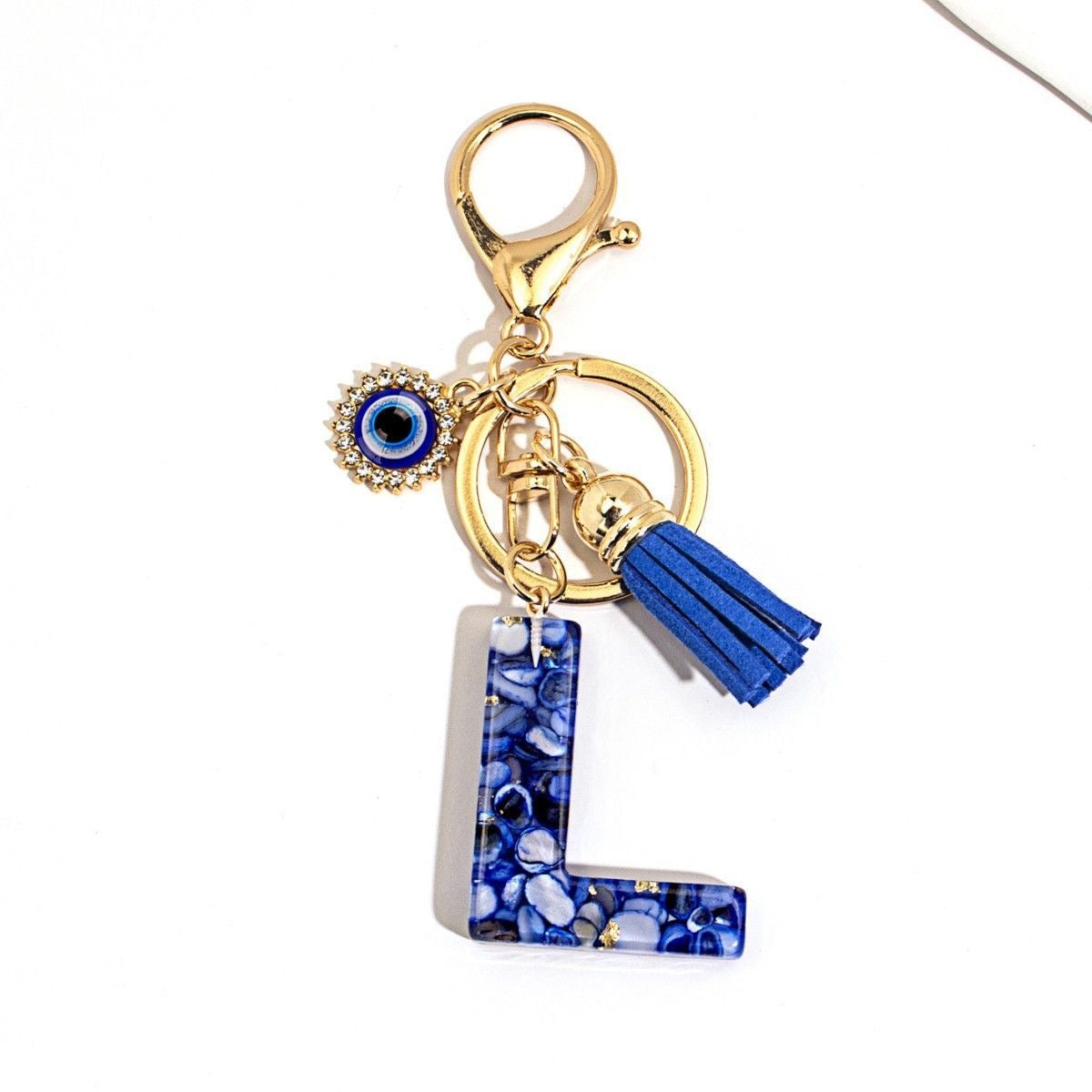 Custom Blue Evil Eye Initial Keychain – Personalized Resin Letter Bag Charm V Boutique Studio