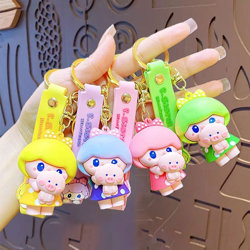 Kawaii Pig Girl Hugging Pig Keychain