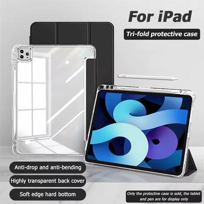 Clear Back iPad Case with Pencil Holder – Shockproof Tri-Fold Stand Cover