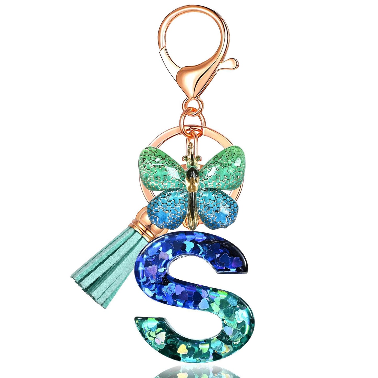 Blue-Green Resin Initial Keychain – Butterfly & Tassel Charm Gift