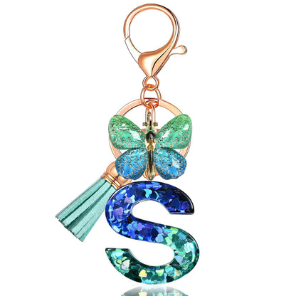 Blue-Green Resin Initial Keychain – Butterfly & Tassel Charm Gift
