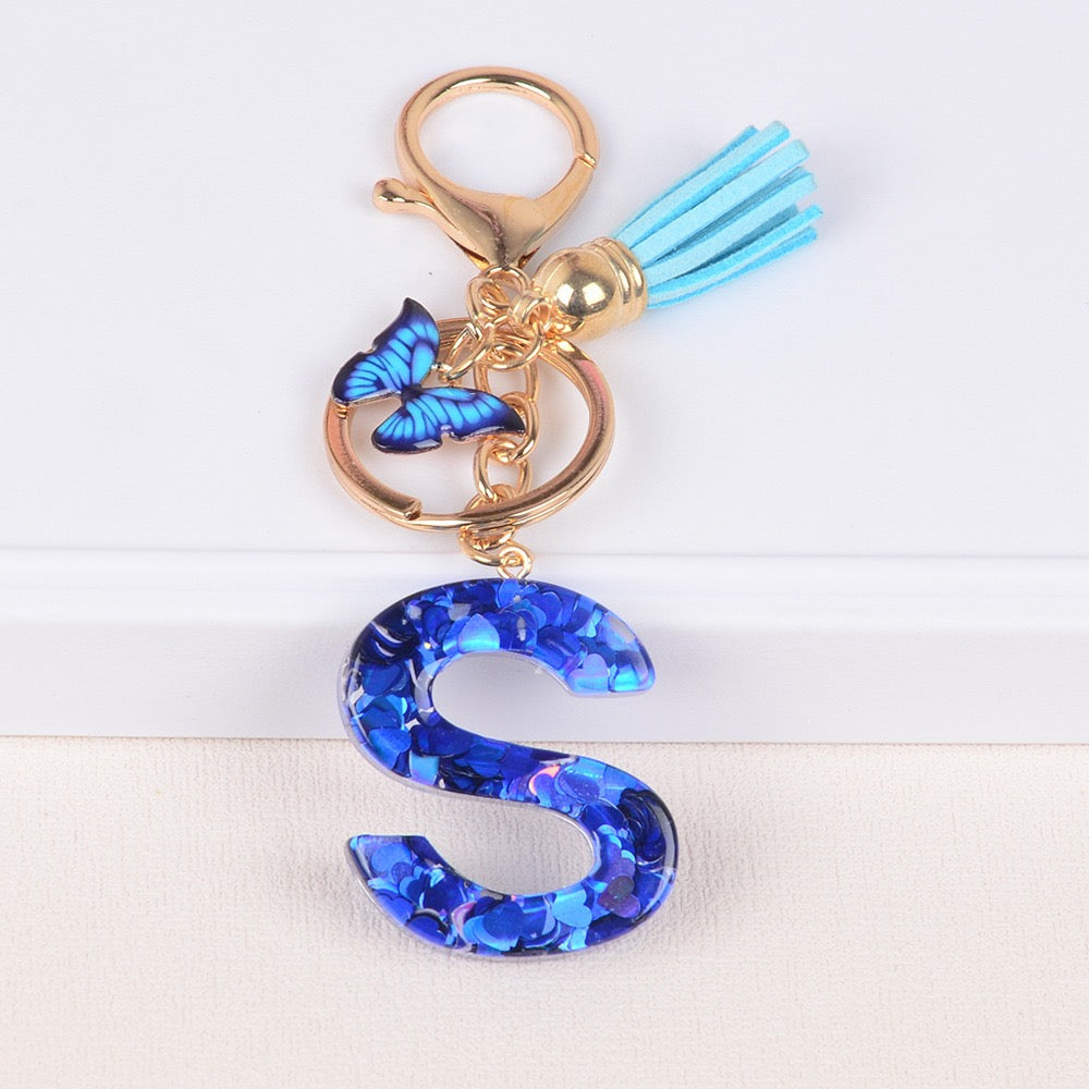 Blue Initial Letter Keychain with Butterfly & Tassel V Boutique Studio