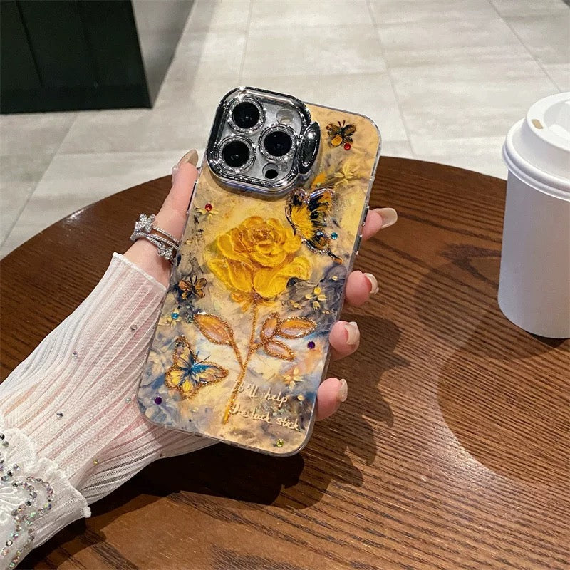 Coque de téléphone élégante avec motif papillon et rose jaune