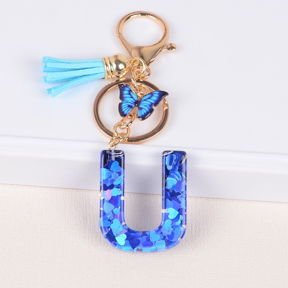 Blue Initial Letter Keychain with Butterfly & Tassel V Boutique Studio