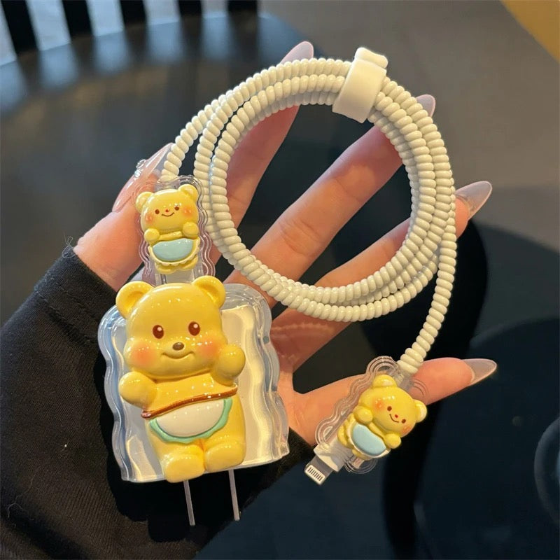 3D Cute Bear Charging Cable Cover Set – Cartoon Plug & Cord Protector