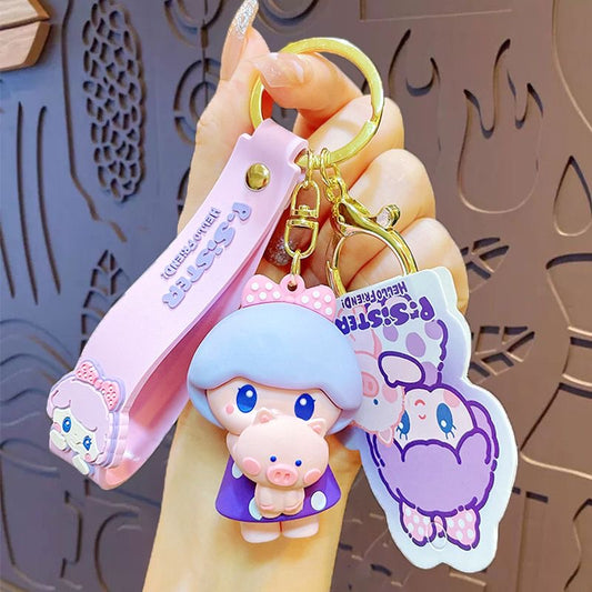 Kawaii Pig Girl Hugging Pig Keychain