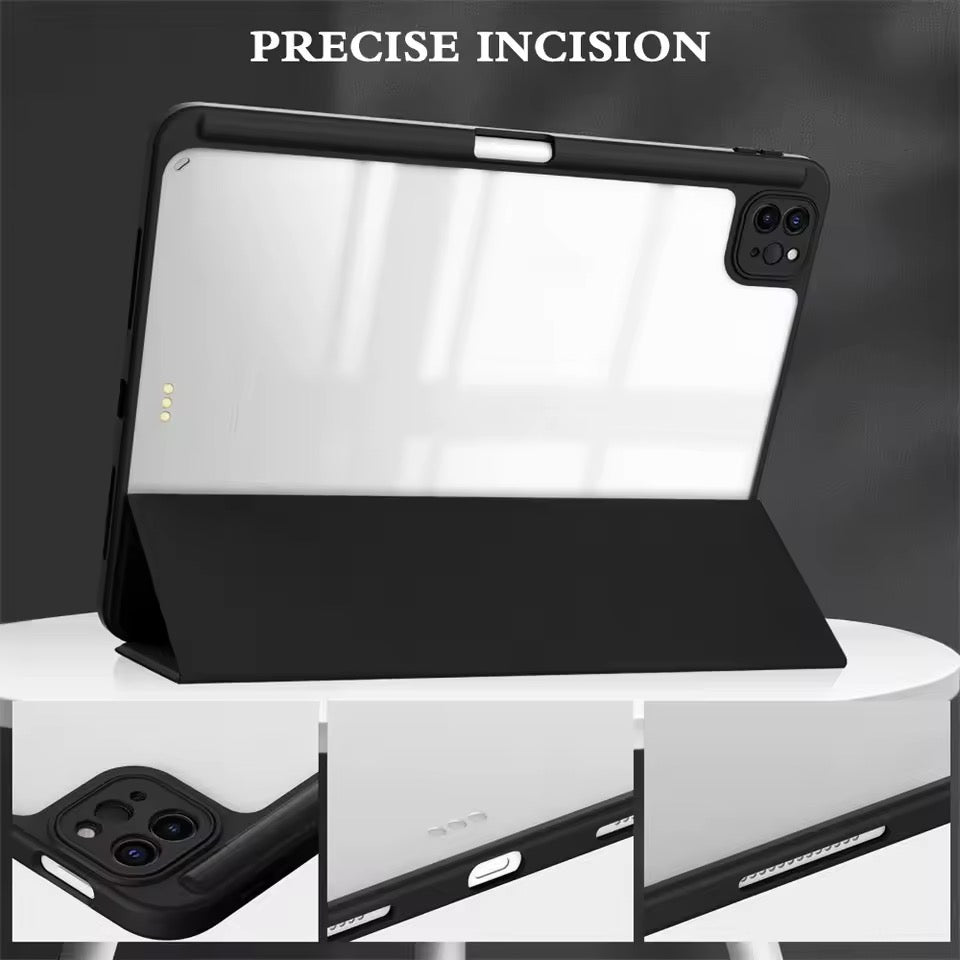 Clear Back iPad Case with Pencil Holder – Shockproof Tri-Fold Stand Cover