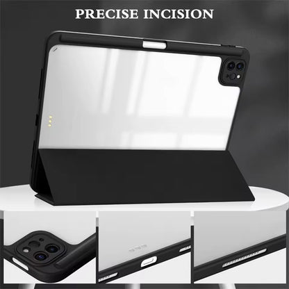 Clear Back iPad Case with Pencil Holder – Shockproof Tri-Fold Stand Cover