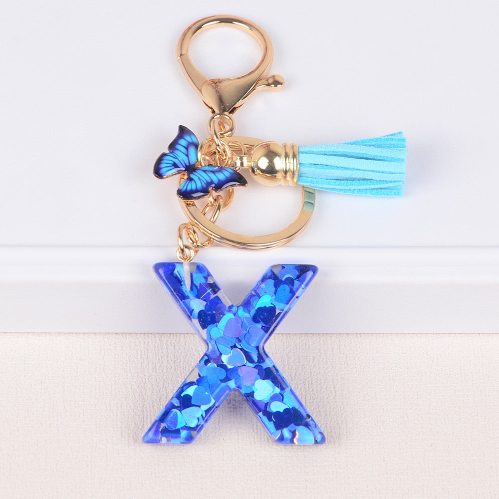 Blue Initial Letter Keychain with Butterfly & Tassel V Boutique Studio