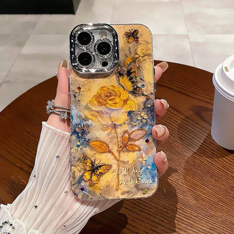 Coque de téléphone élégante avec motif papillon et rose jaune