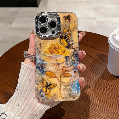 Coque de téléphone élégante avec motif papillon et rose jaune