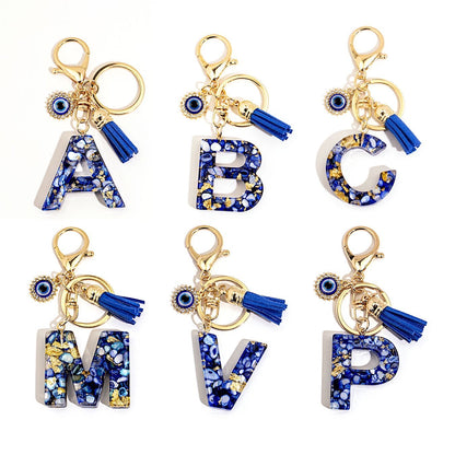 Custom Blue Evil Eye Initial Keychain – Personalized Resin Letter Bag Charm V Boutique Studio