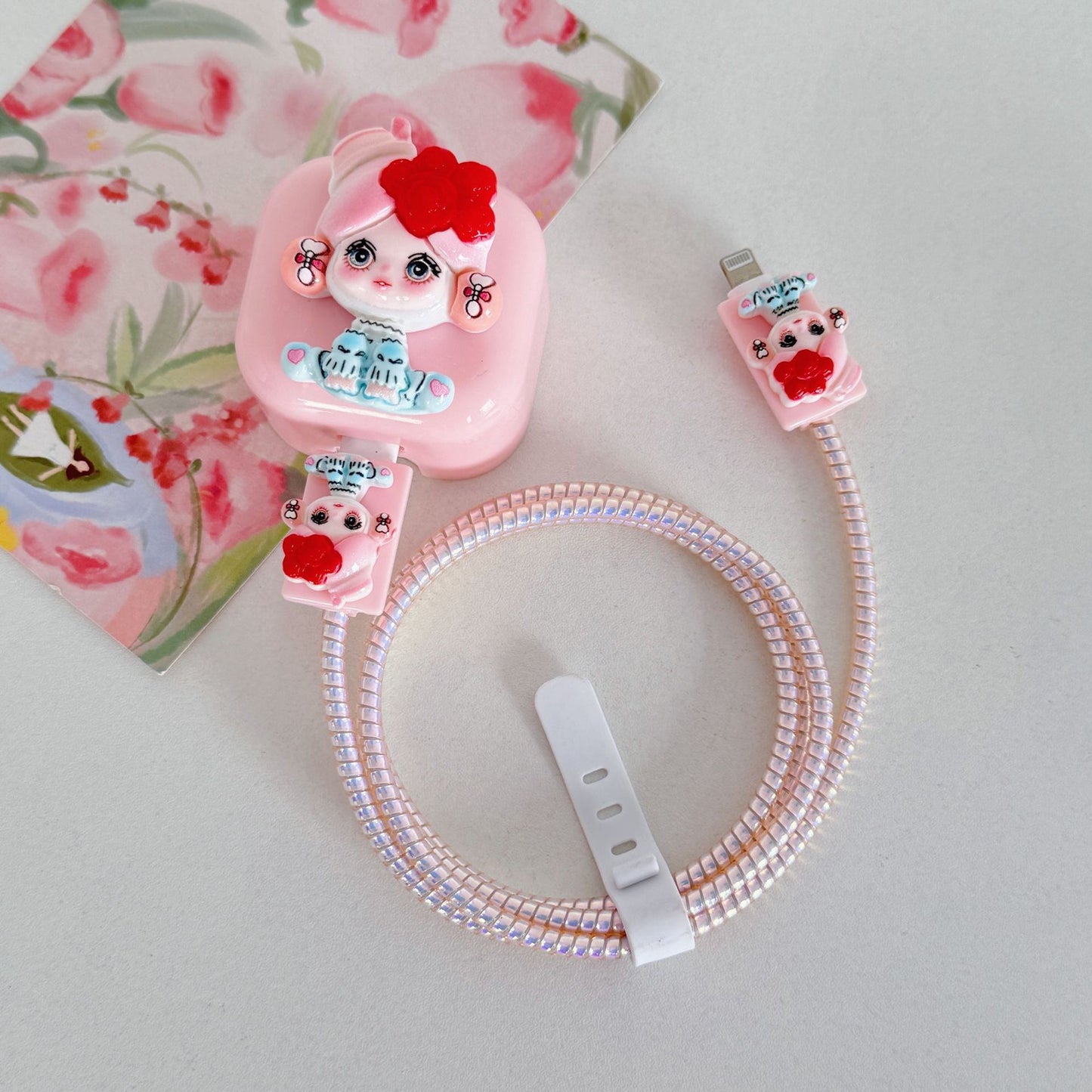 Cute Cartoon Girl Charging Cable Protector Set – 3D Plug, Cord & Case Covers
