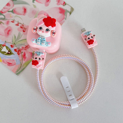 Cute Cartoon Girl Charging Cable Protector Set – 3D Plug, Cord & Case Covers