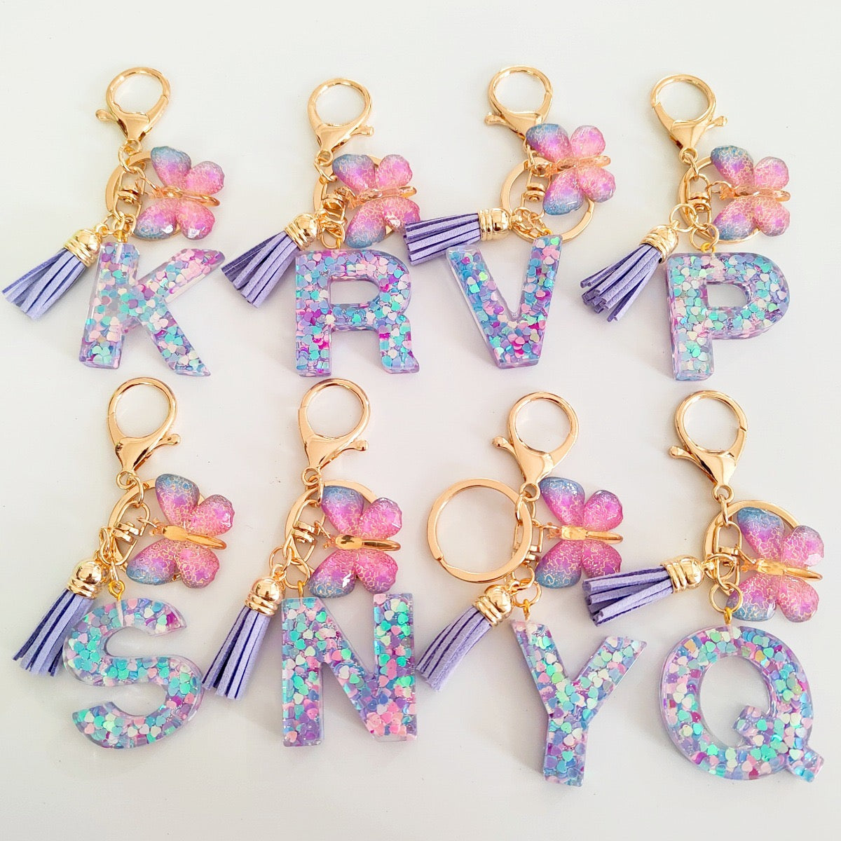Glitter Resin Letter Keychain – Purple Tassel & Butterfly Charm