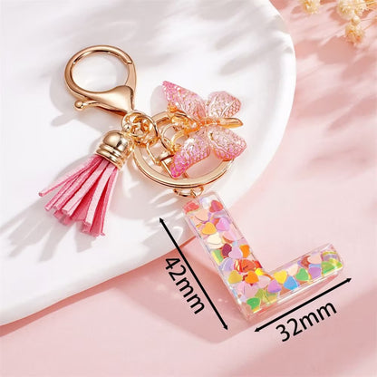 Custom Pink Glitter Initial Keychain with Butterfly & Heart Charm V Boutique Studio